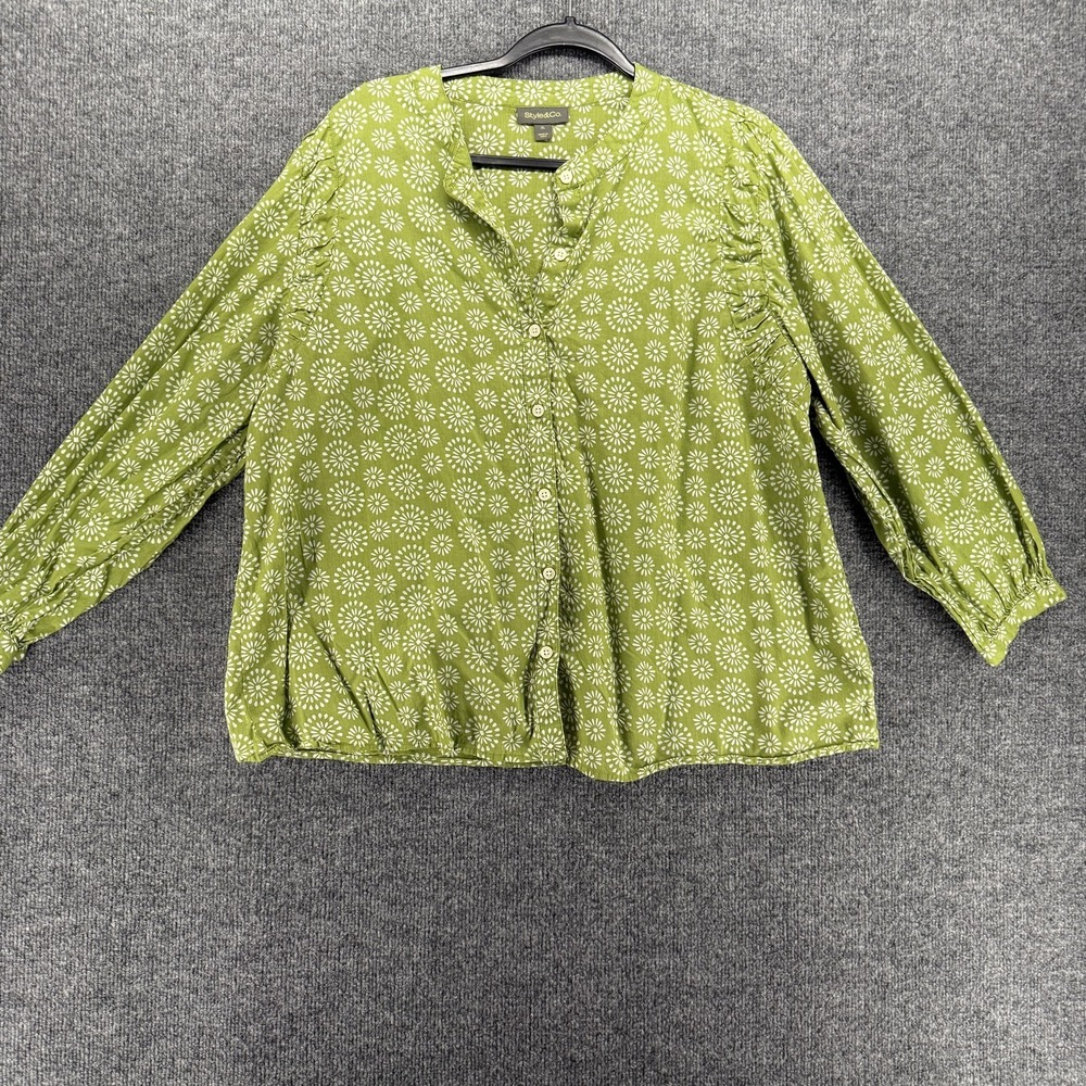 Style&Co Blouse Top Womens XL Green Floral V Neck Button Front Boho Cottagecore